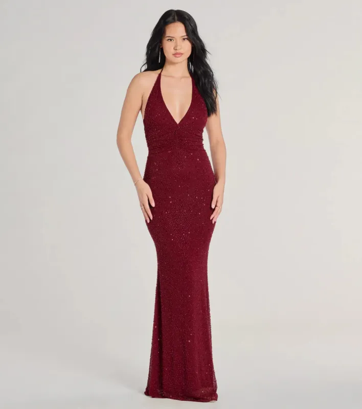 Blake V-Neck Halter Beaded Slim Formal Dress sold by Windsor