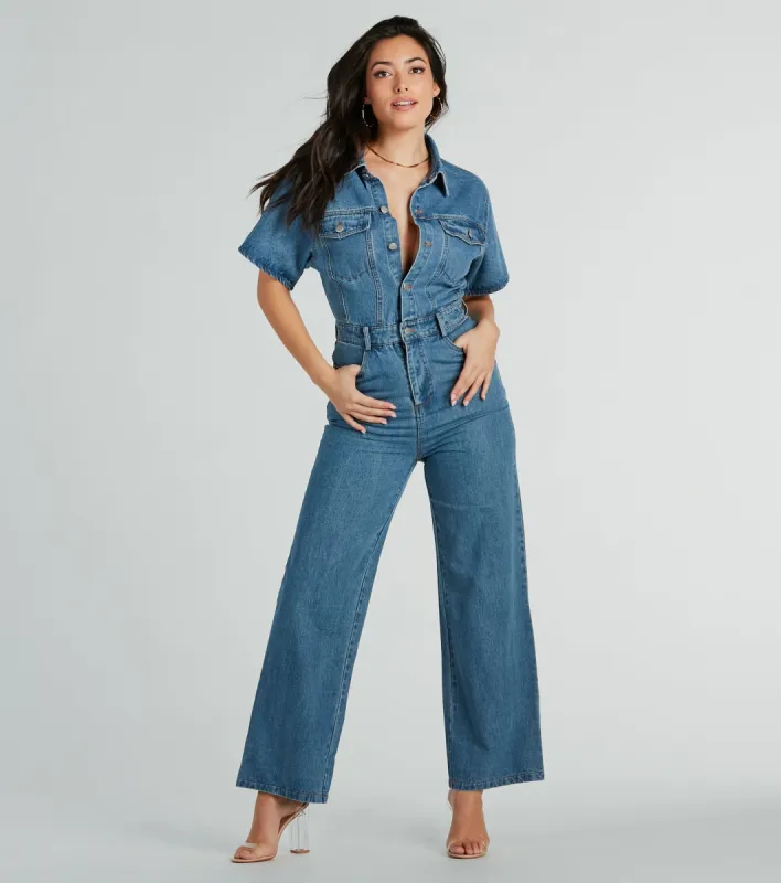 One And Done Short Sleeve Wide-Leg Denim Jumpsuit sold by Windsor