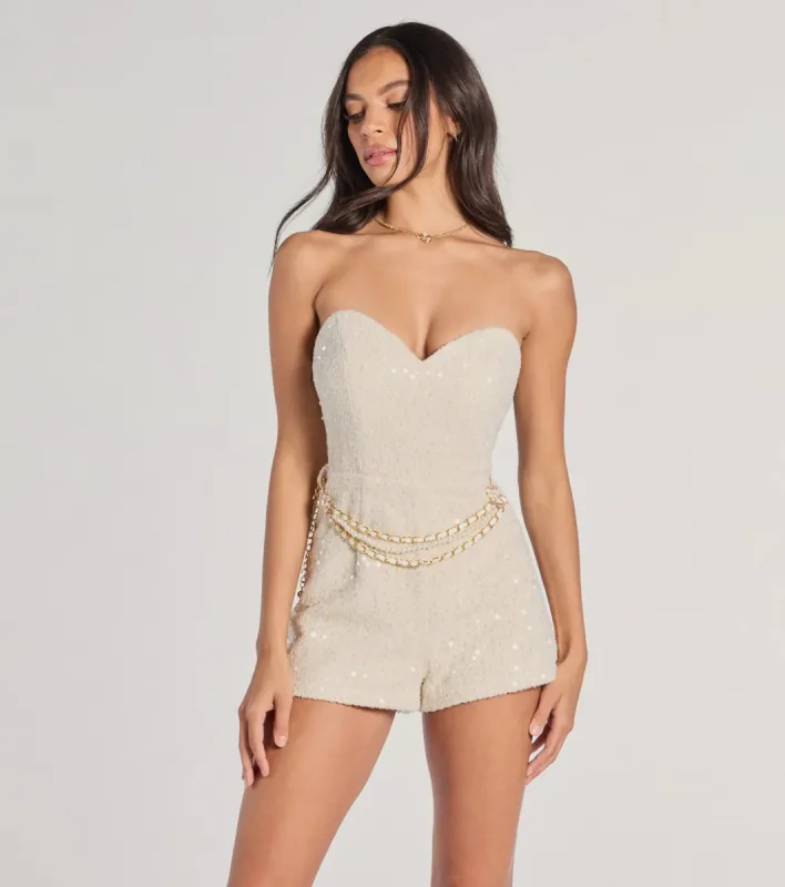 Polished Darling Tweed Sequin Belted Romper sold by Windsor