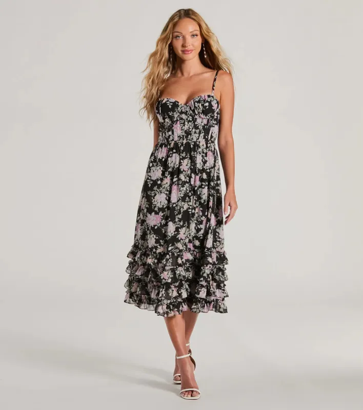 Elevated Occasion Sweetheart Floral A-Line Midi Dress sold by Windsor