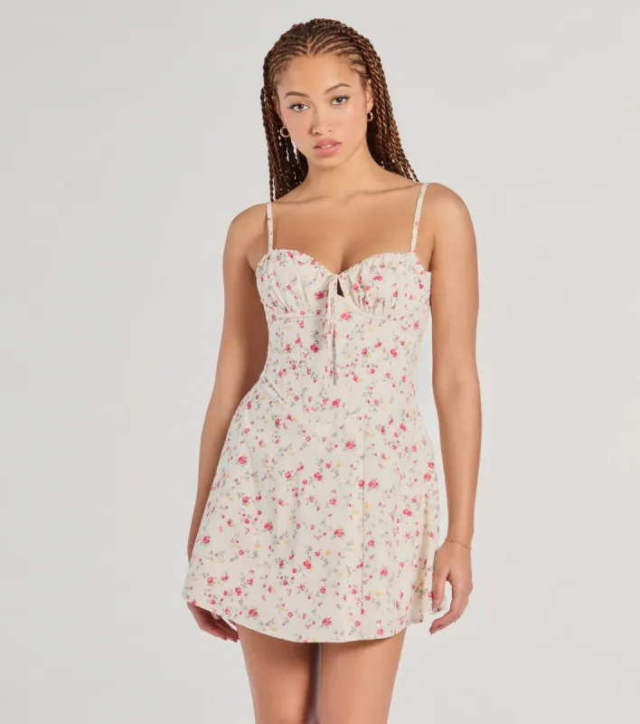 Flirty Romance Corset Lace-Up Floral A-Line Mini Dress sold by Windsor