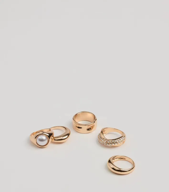 Stylish Stack Chunky Rhinestone And Pearl Ring Set sold by Windsor