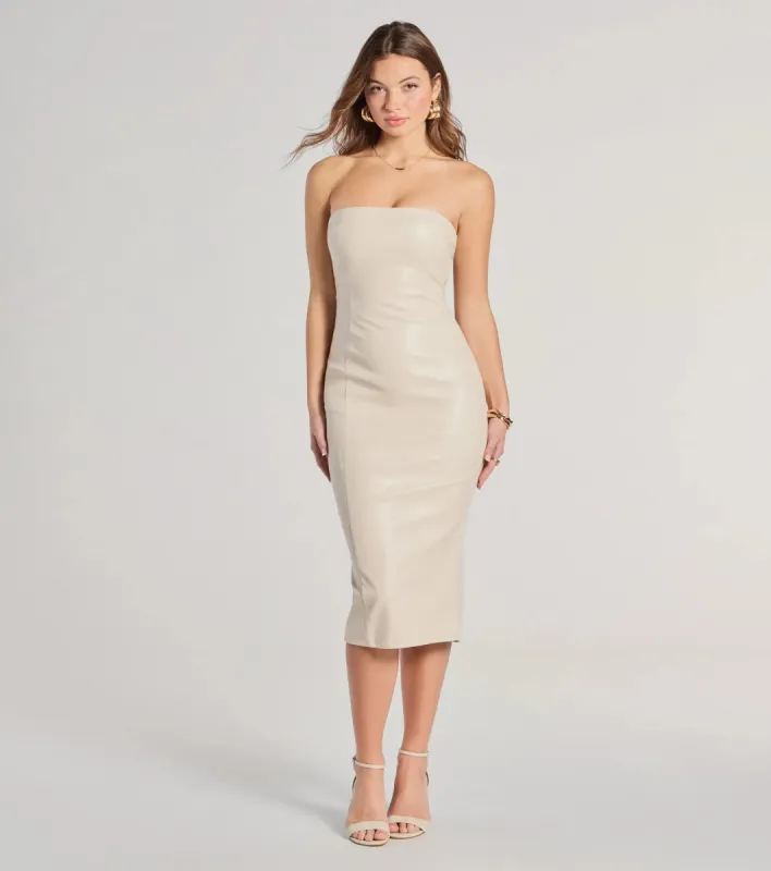 Rooftop Vibe Strapless Faux Leather Midi Dress sold by Windsor