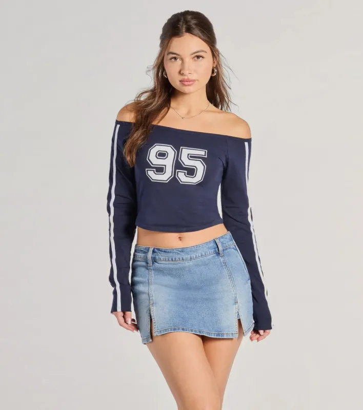95 Graphic Off-The-Shoulder Striped Crop Top sold by Windsor