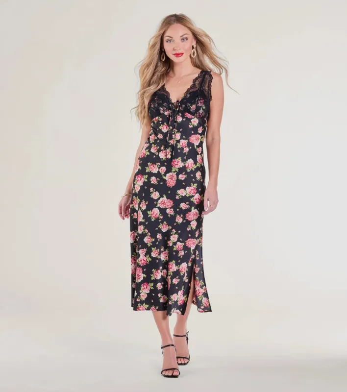 Sunset Dinner Lace V-Neck Floral Satin Midi Dress sold by Windsor