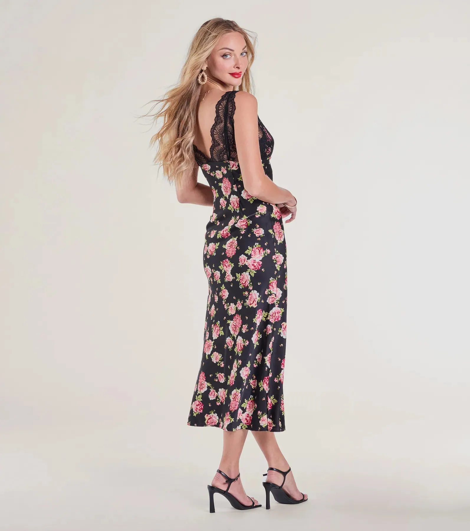 Sunset Dinner Lace V-Neck Floral Satin Midi Dress sold by Windsor product image thumbnail 2