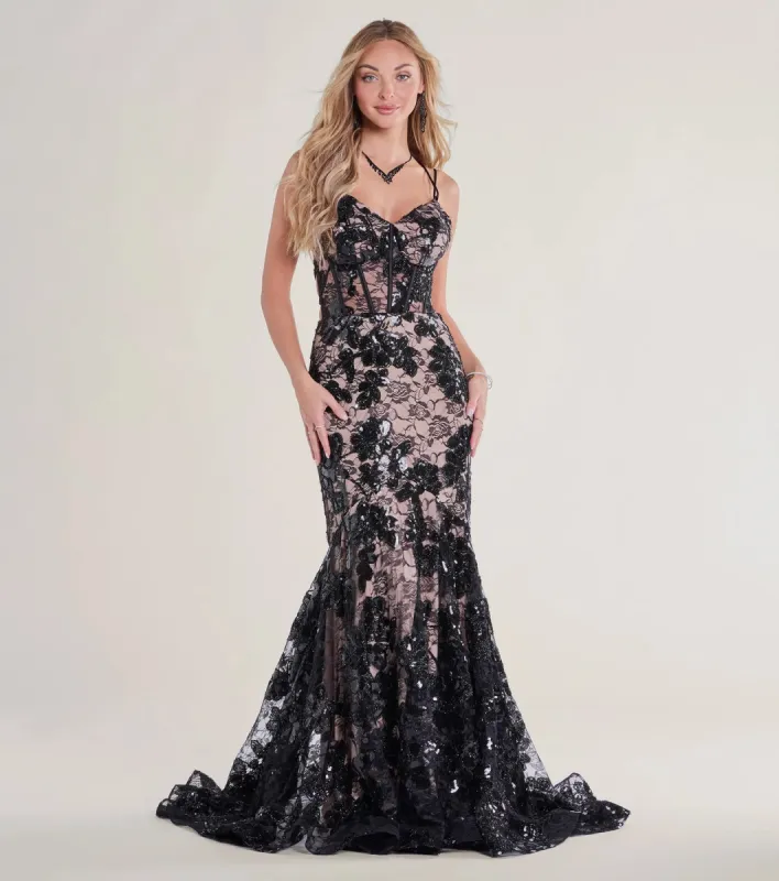 Daniella Bustier Lace-Up Lace Sequin Mermaid Gown sold by Windsor