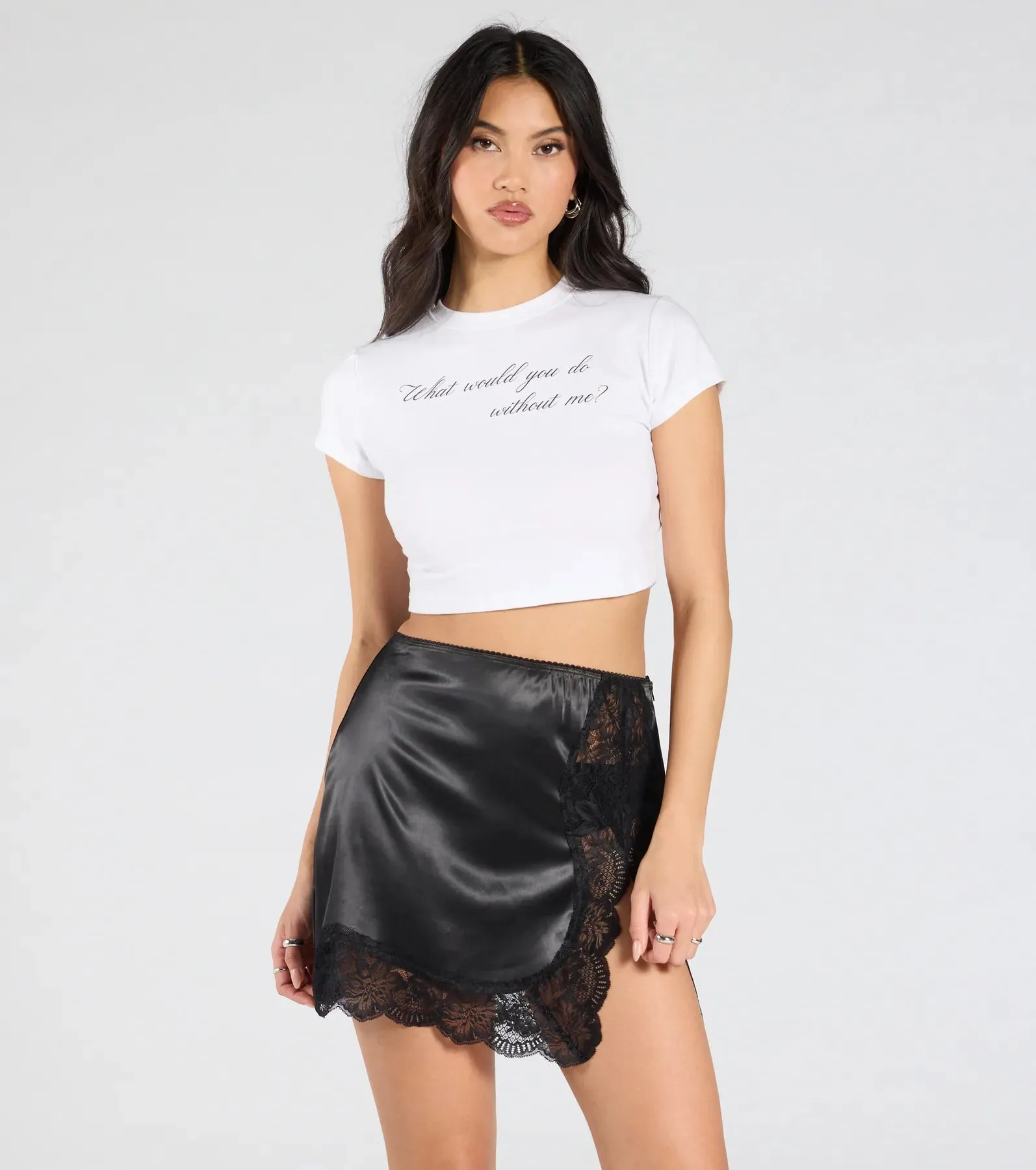 Turn On The Romance Lace Slit Satin Skirt sold by Windsor