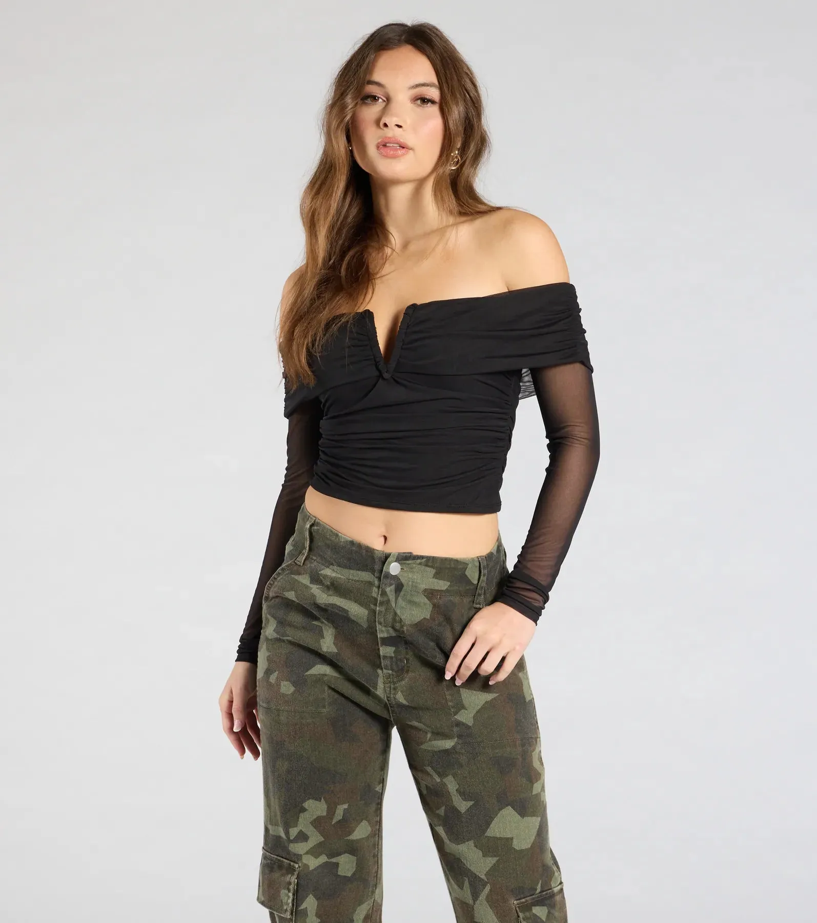 Desirable Sensation Off-The-Shoulder Mesh Crop Top sold by Windsor