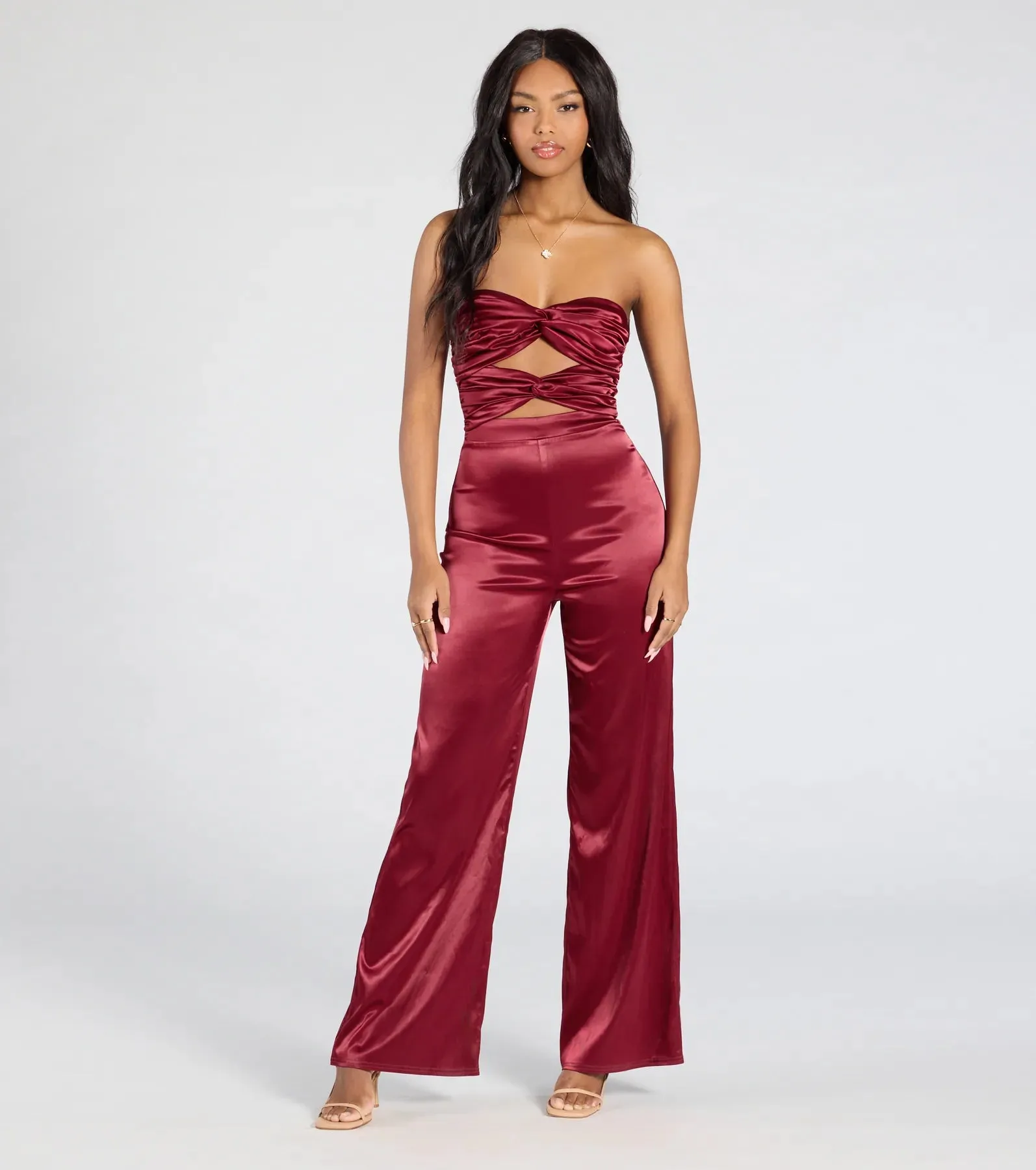 Late Nights Cutout Satin Wide-Leg Jumpsuit sold by Windsor