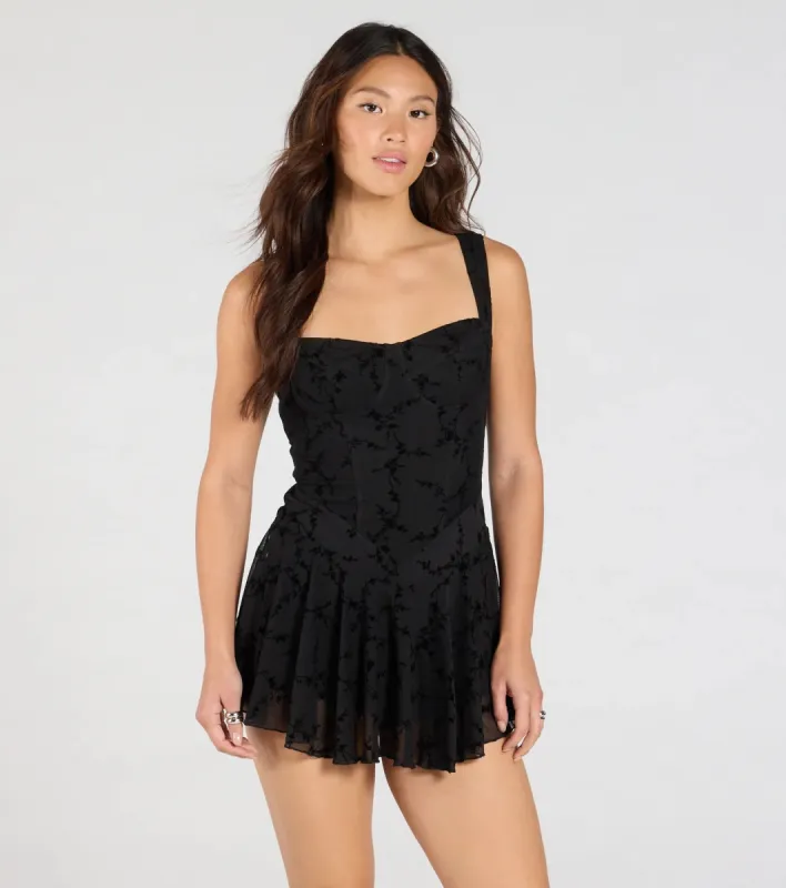 Flirty Instinct Flocked Floral Velvet Ruffle Romper sold by Windsor