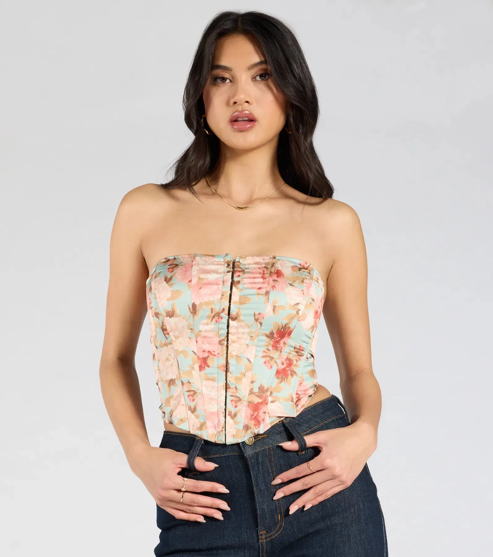 Floral Aesthetic Lace-Up Satin Corset Top sold by Windsor product image thumbnail 4