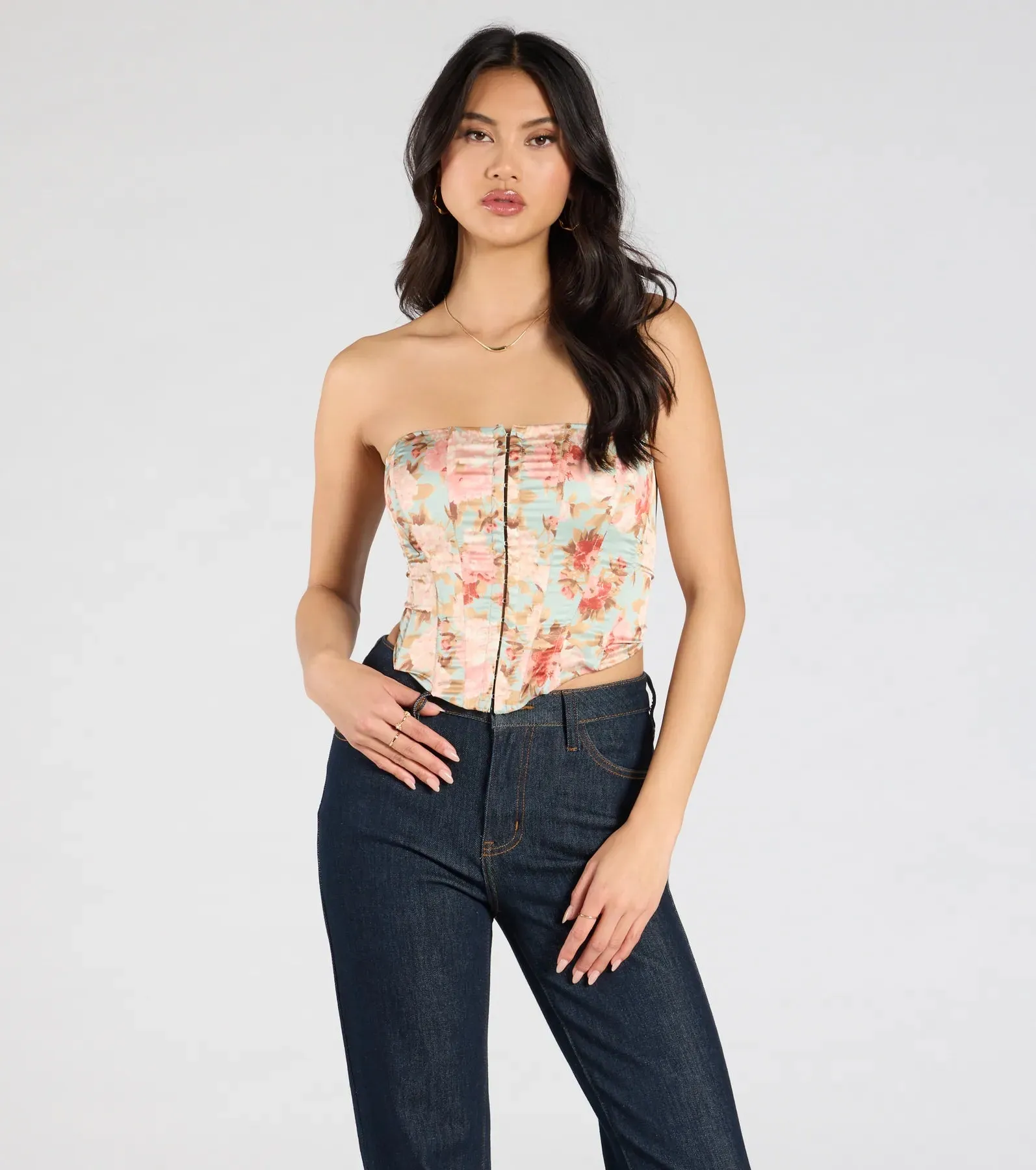 Floral Aesthetic Lace-Up Satin Corset Top sold by Windsor