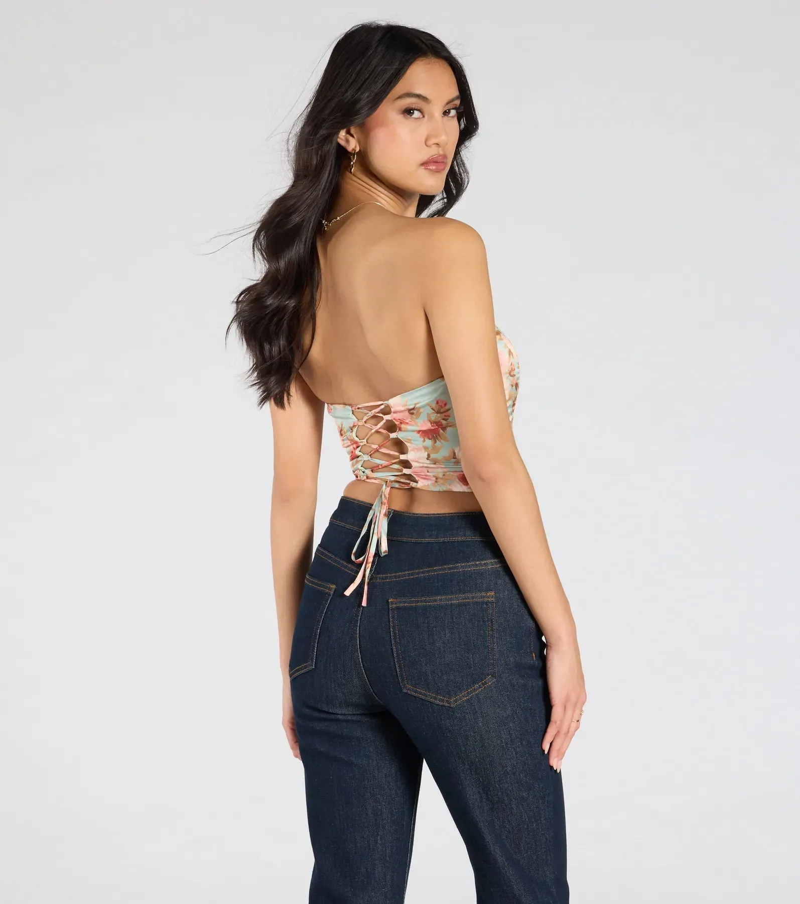 Floral Aesthetic Lace-Up Satin Corset Top sold by Windsor product image thumbnail 2