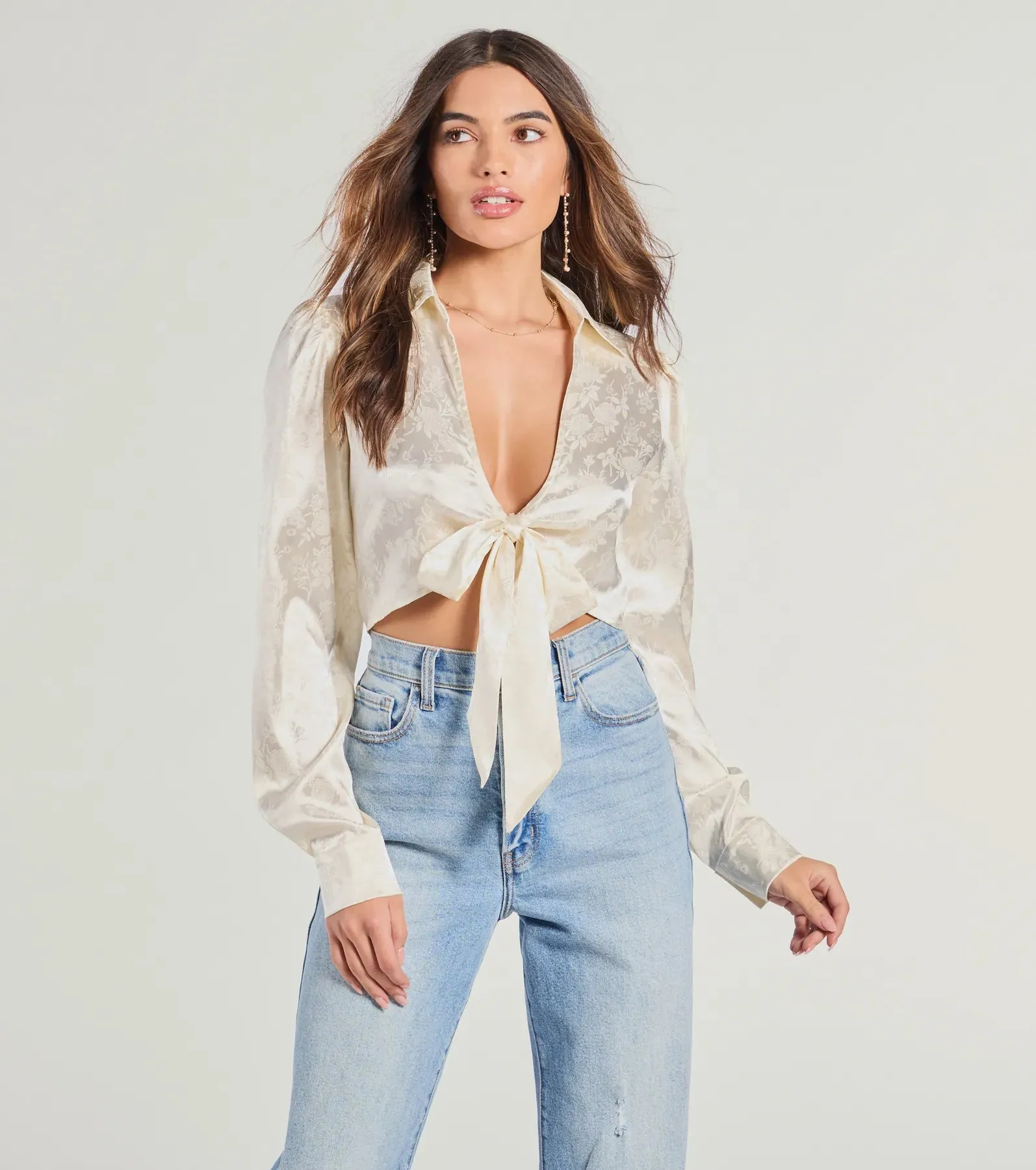 Luxe Demure Tie-Front Satin Crop Top sold by Windsor