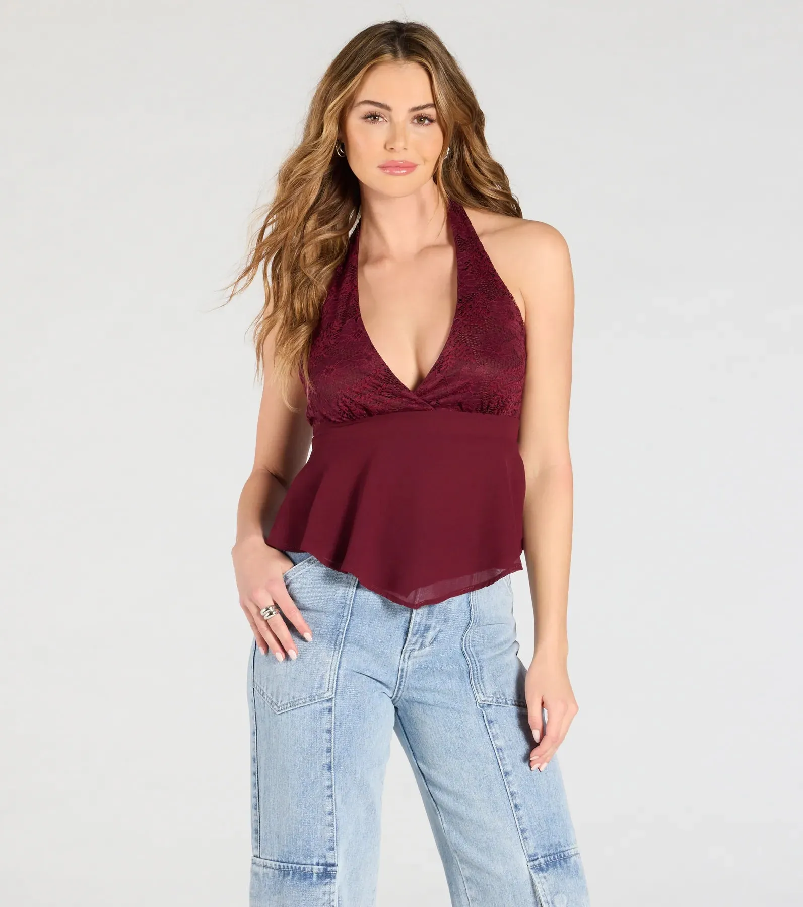 Chic Flowy Lace Chiffon Halter Top sold by Windsor