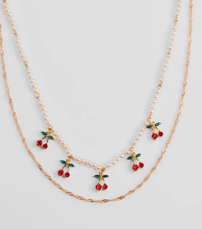 Taste So Sweet Cherry And Faux Pearl Layered Necklace sold by Windsor