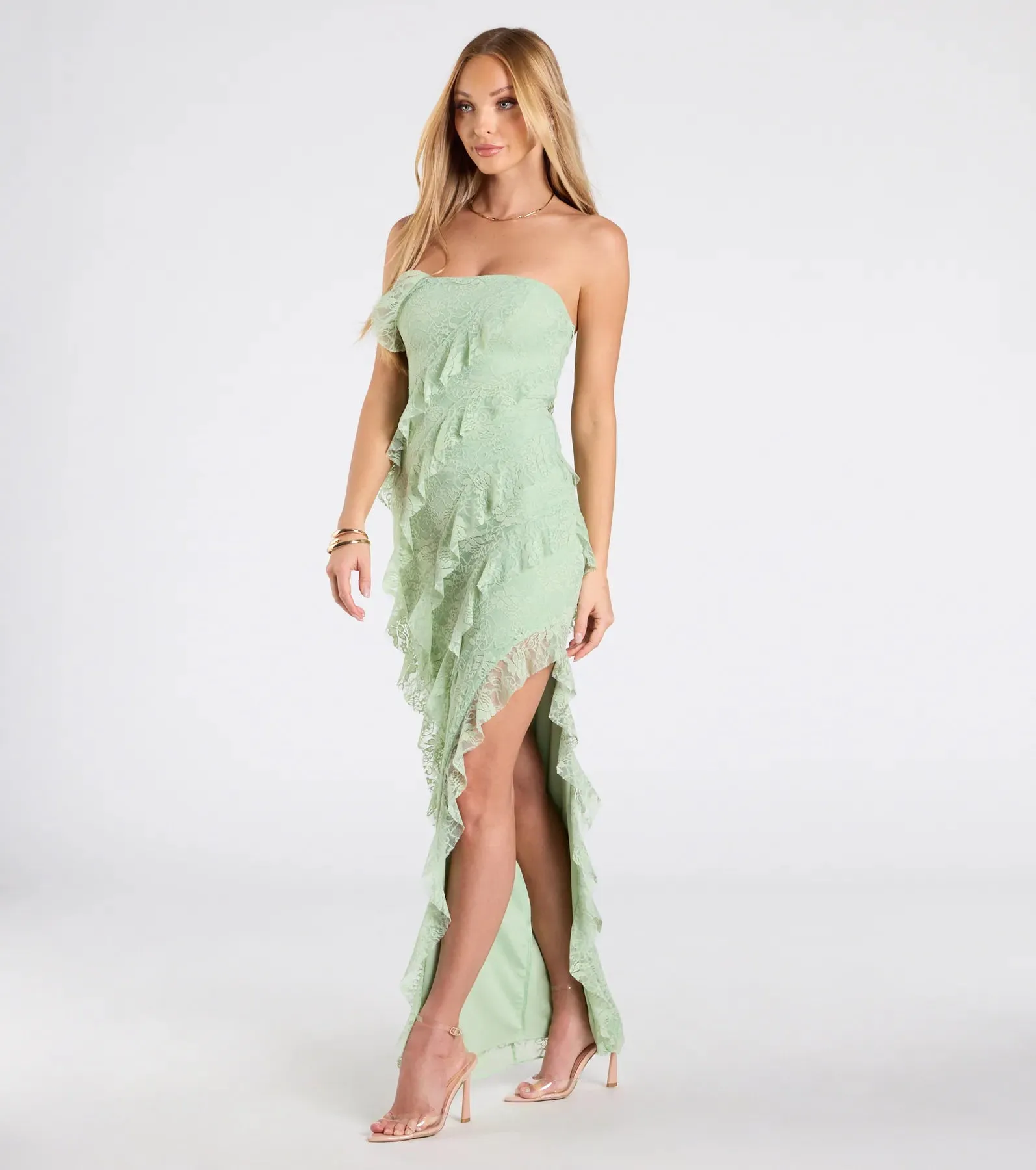 Ellie Ruffled Lace High Slit Formal Dress sold by Windsor product image thumbnail 4