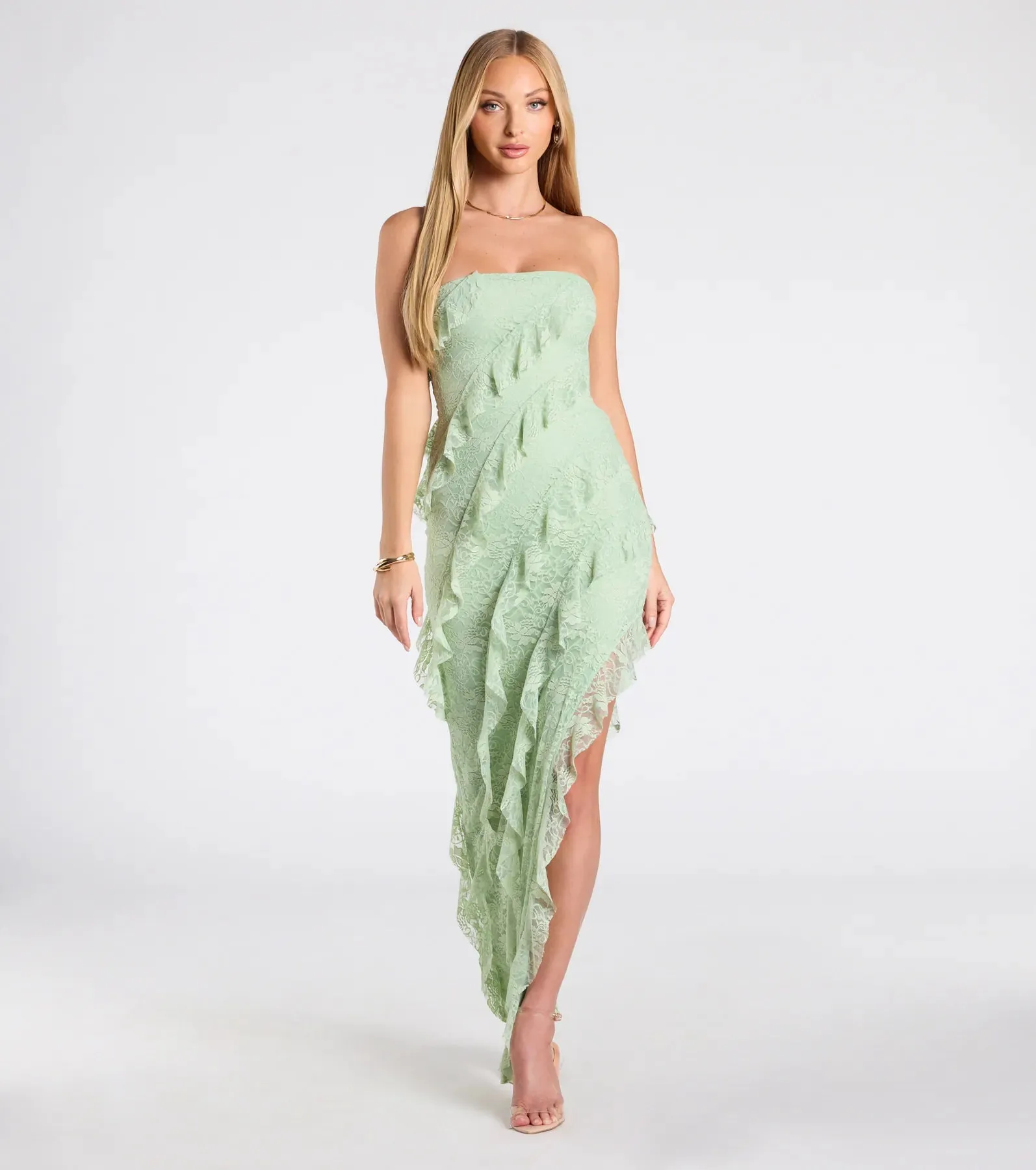 Ellie Ruffled Lace High Slit Formal Dress sold by Windsor