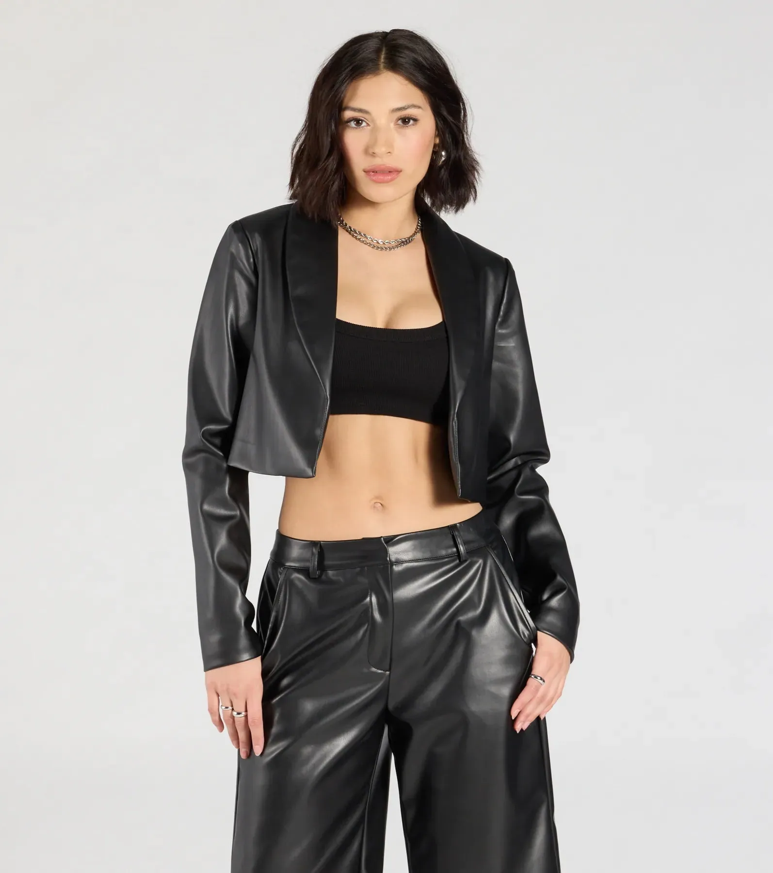 Chic Layer Faux Leather Cropped Blazer sold by Windsor