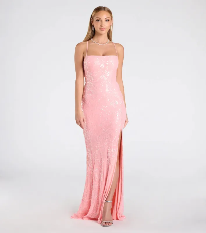 Mariah Lace-Up Slit Sequin Formal Dress sold by Windsor