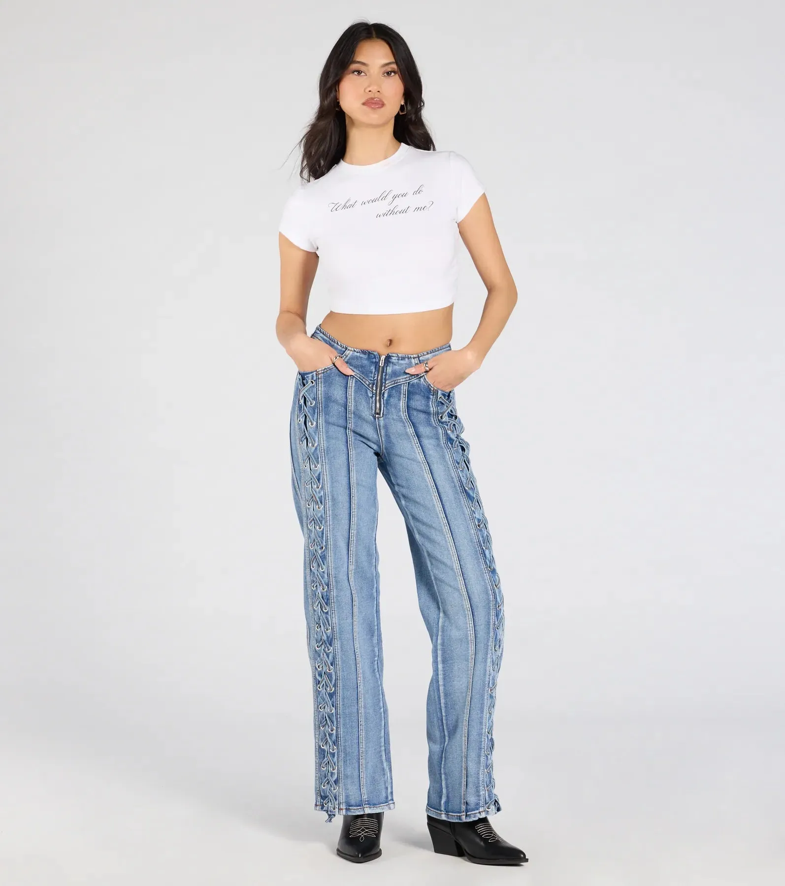 Trendy Club Lace-Up Straight-Leg Jeans sold by Windsor