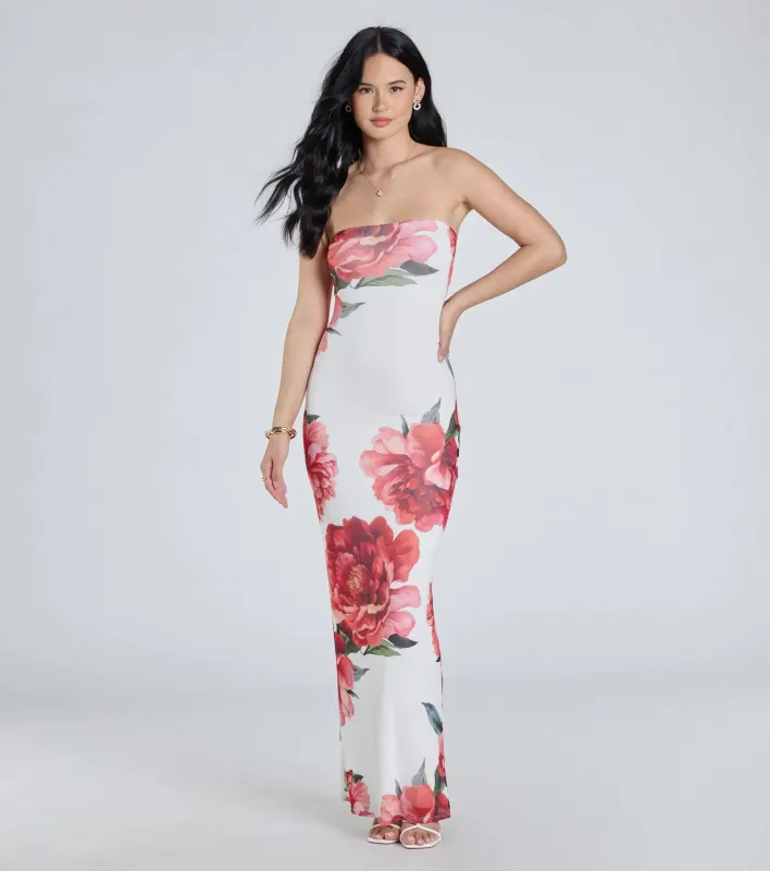 Bold Stunner Floral Mesh Strapless Maxi Dress sold by Windsor