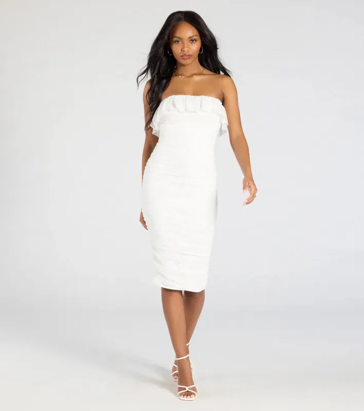 Effortless Beauty Strapless Ruffled Lace Midi Dress sold by Windsor