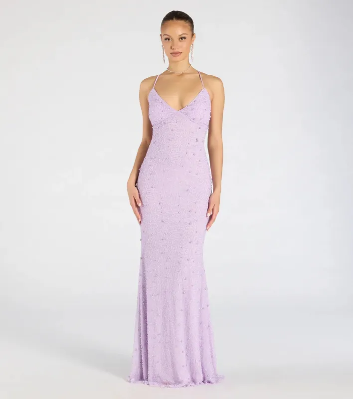 Marlene Lace-Up Mermaid Beaded Pearl Formal Dress sold by Windsor