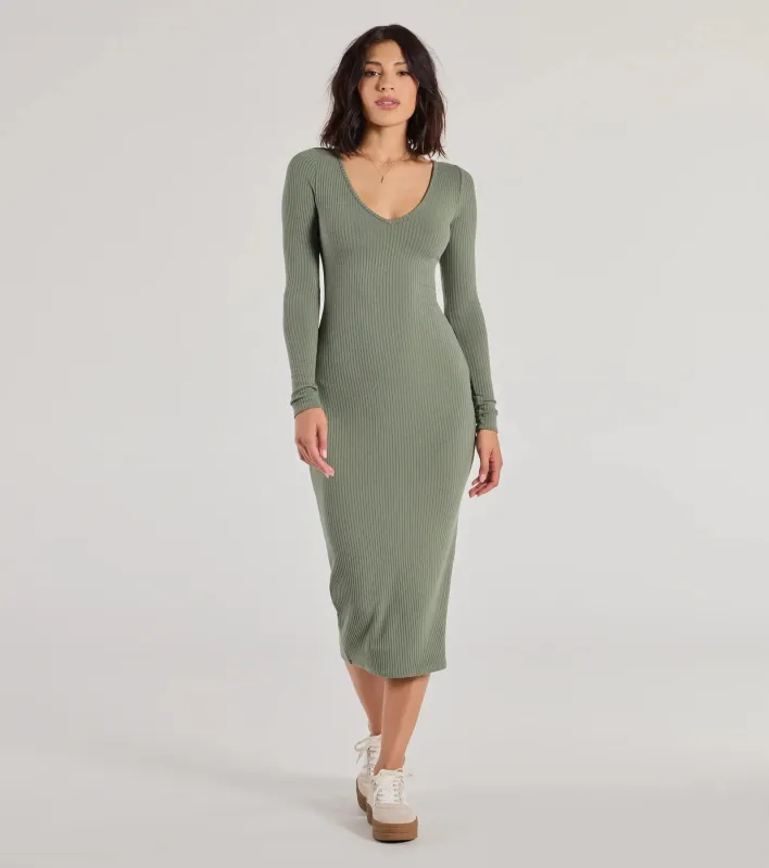 Casual Chic Style Long Sleeve Ribbed Knit Midi Dress sold by Windsor