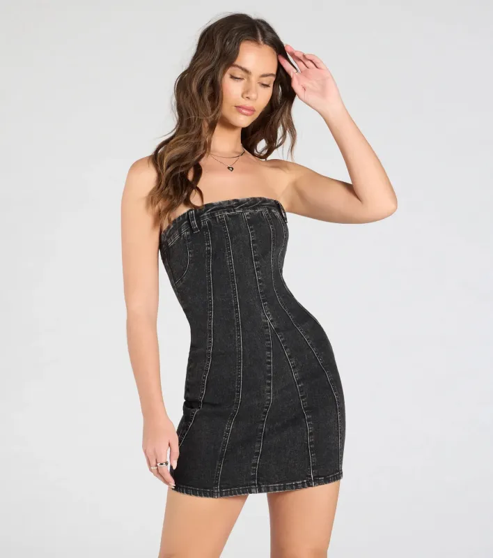 Stylish Jeanius Strapless Denim Mini Dress sold by Windsor
