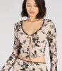 Flirt Alert Flocked Floral Mesh Tie-Front Top sold by Windsor