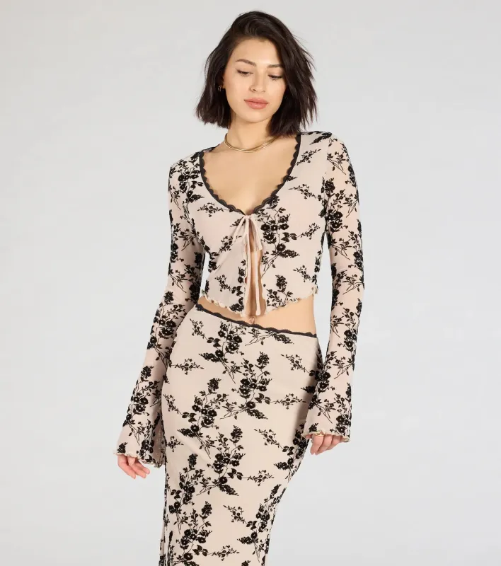 Flirt Alert Flocked Floral Mesh Tie-Front Top sold by Windsor