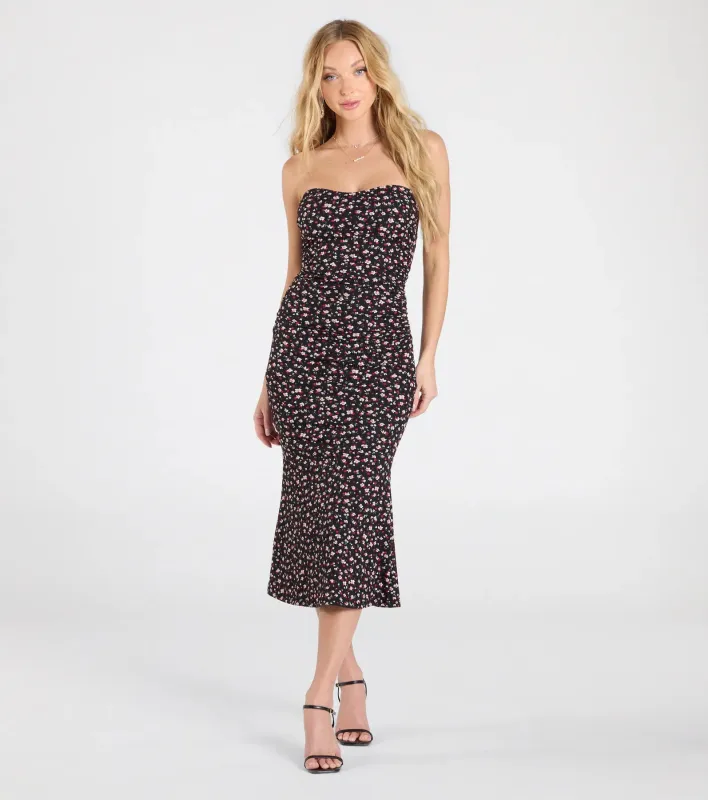 Sweetest Soul Strapless Floral Flare Midi Dress sold by Windsor