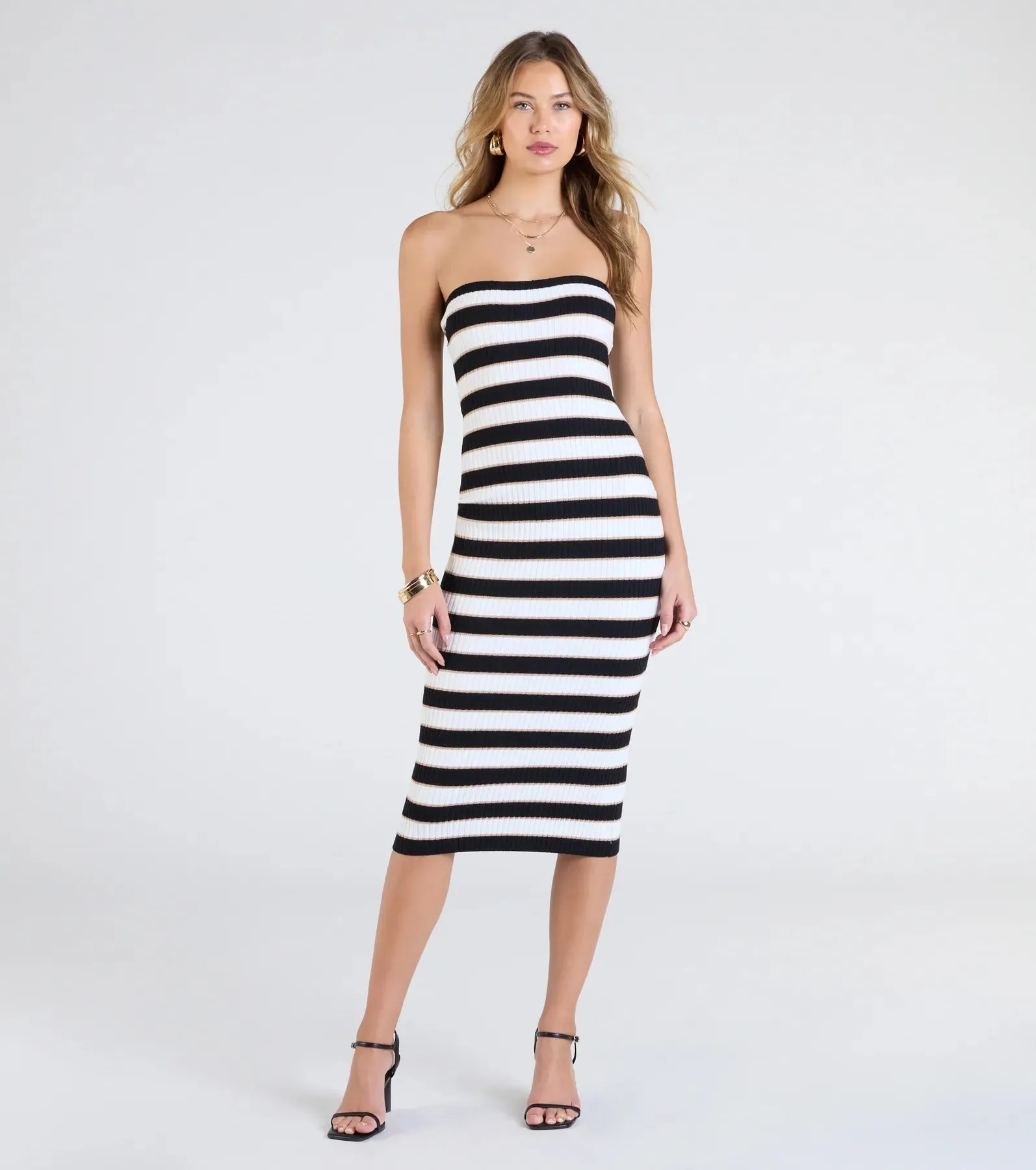 Chic Charm Striped Knit Strapless Midi Dress sold by Windsor