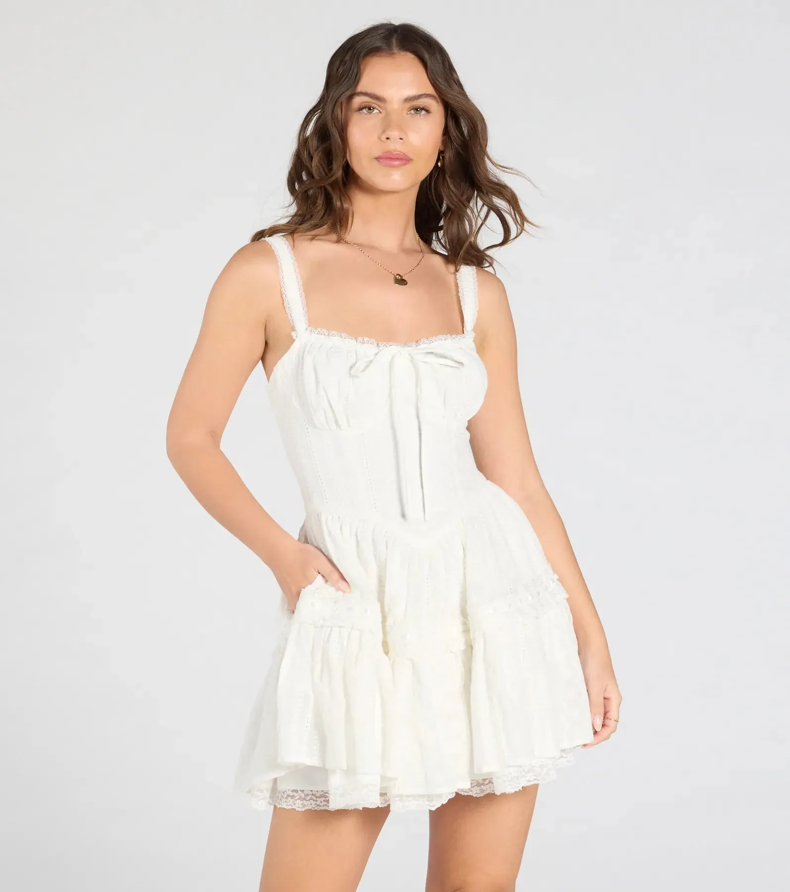 Playful Flirt Lace-Up Ruffle Skater Dress sold by Windsor