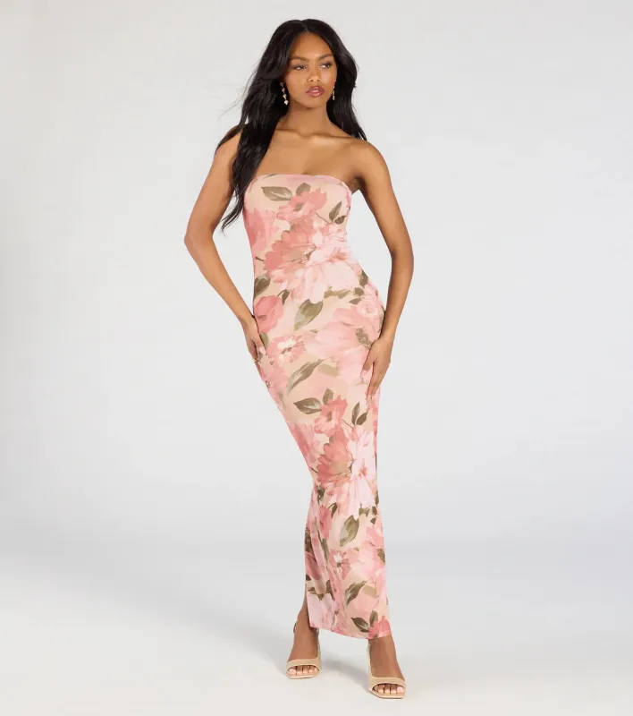 Major Beauty Floral Satin Strapless Maxi Dress sold by Windsor