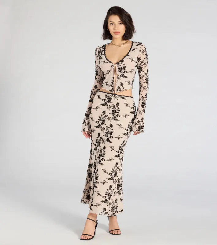 Flirt Alert Flocked Floral Mesh Maxi Skirt sold by Windsor