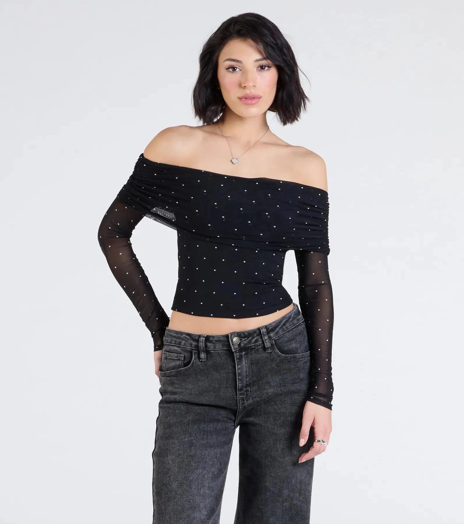 Chic Affection Off-The-Shoulder Polka Dot Top sold by Windsor
