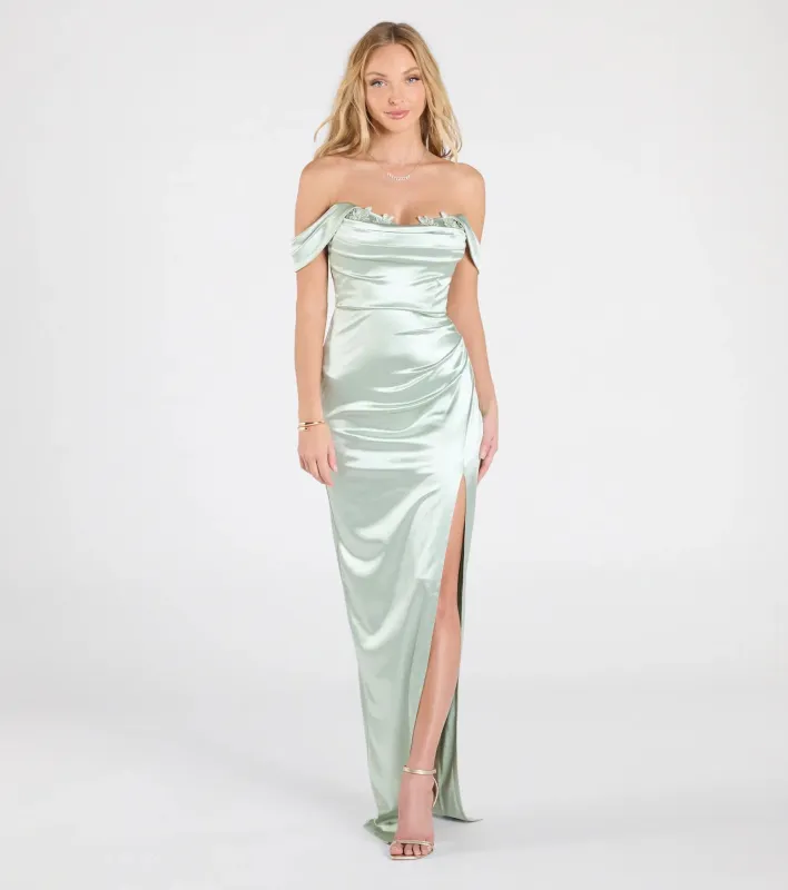 Phoebe Off-The-Shoulder Lace-Up Satin Formal Dress sold by Windsor