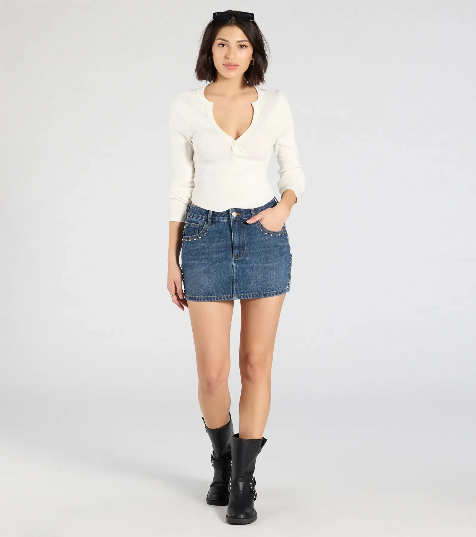 Tell Me About It Stud Mid Rise Denim Mini Skirt sold by Windsor product image thumbnail 3