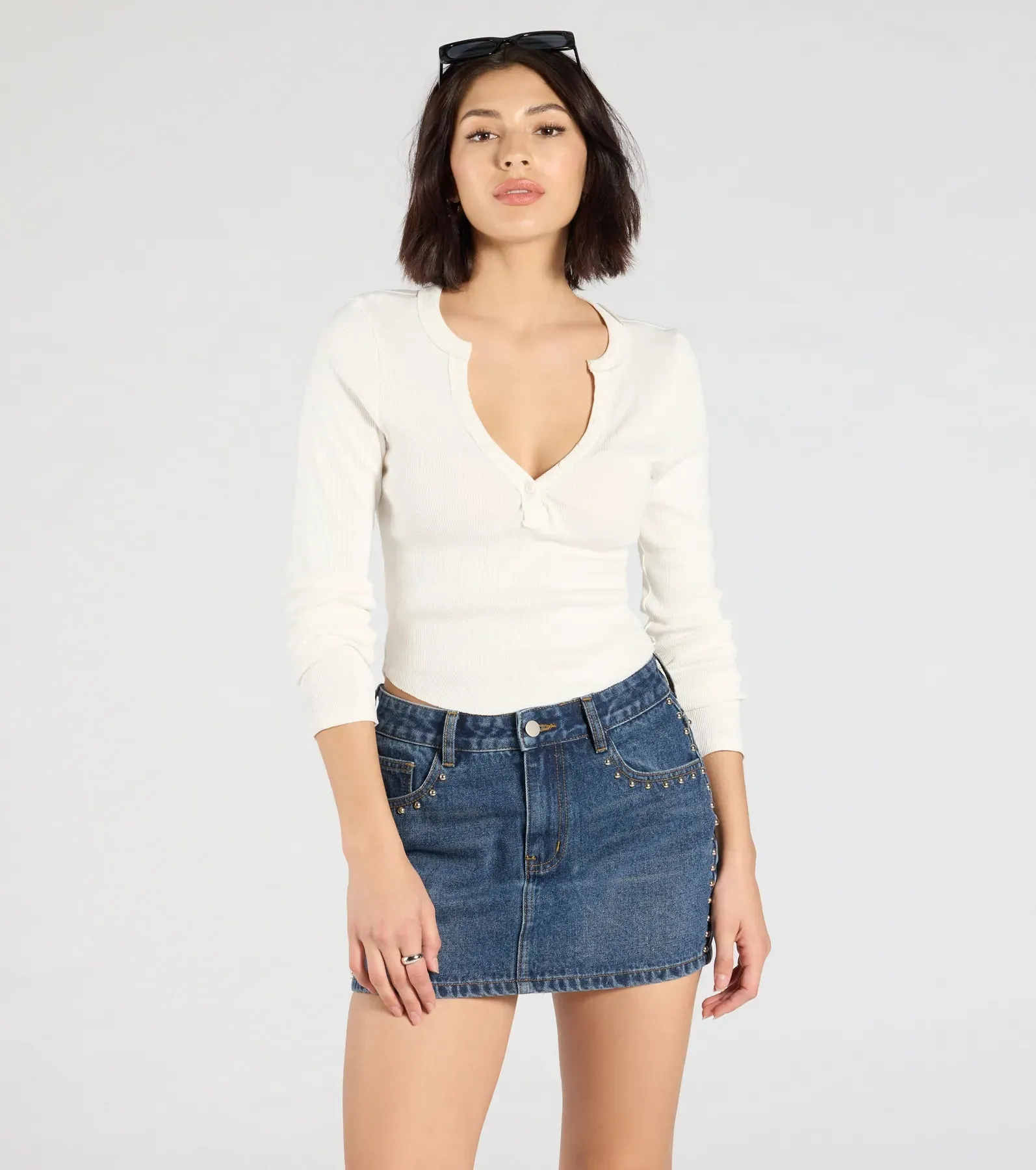 Tell Me About It Stud Mid Rise Denim Mini Skirt sold by Windsor