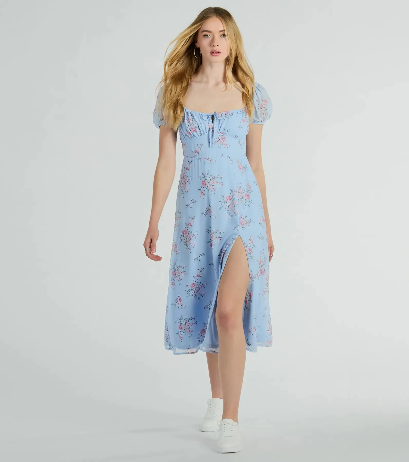 Forever Beauty Puff Sleeve Floral Chiffon Midi Dress sold by Windsor