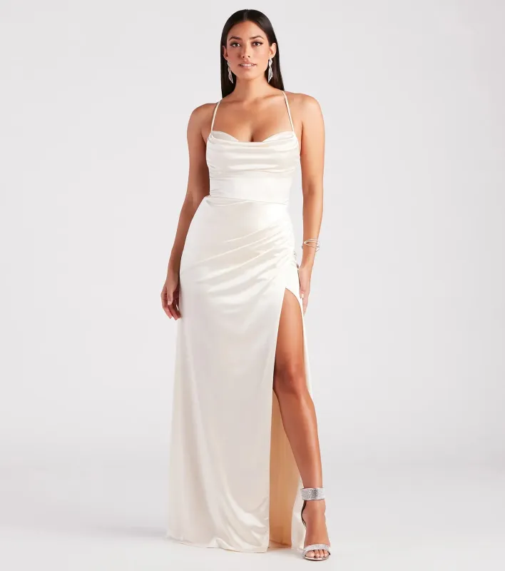 Melinda Satin Lace-Up Formal Dress sold by Windsor