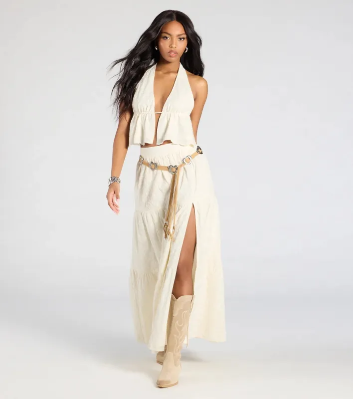 Free Spirit High-Rise Embroidered Slit Maxi Skirt sold by Windsor