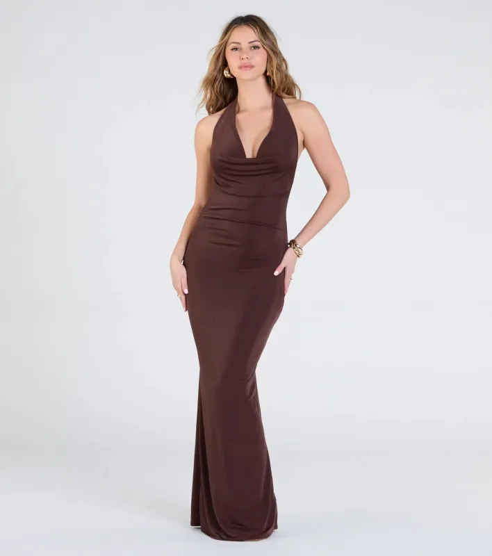 Serve Sultry Vibes Halter Cowl Neck Maxi Dress sold by Windsor