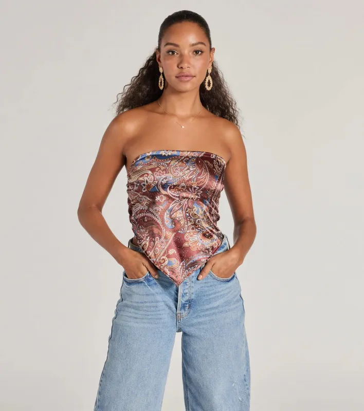 PLACEHOLDER - Sangria Sunset Strapless Paisley Satin Crop Top sold by Windsor