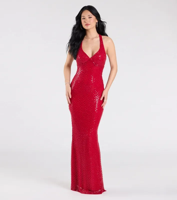 Vanessa Open Back Mermaid Sequin Formal Dress sold by Windsor