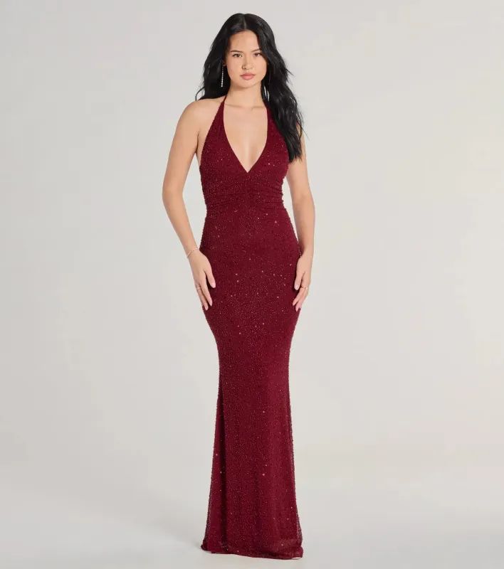 Blake Halter V-Neck Beaded Column Formal Dress sold by Windsor