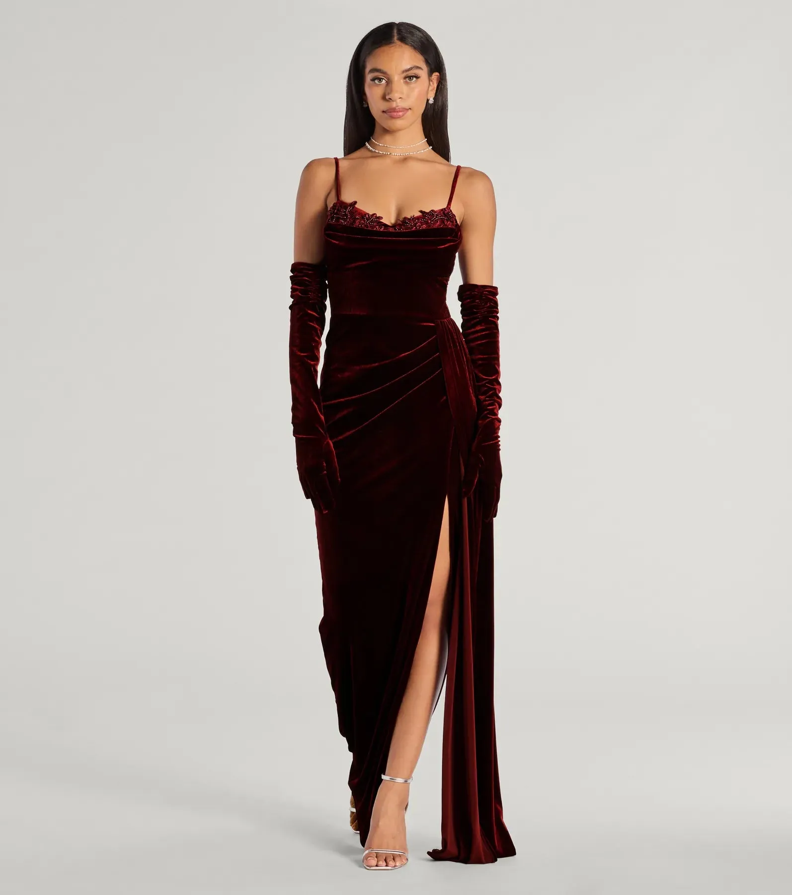 Inez Beaded Applique Velvet Formal Column Dress With Gloves sold by Windsor